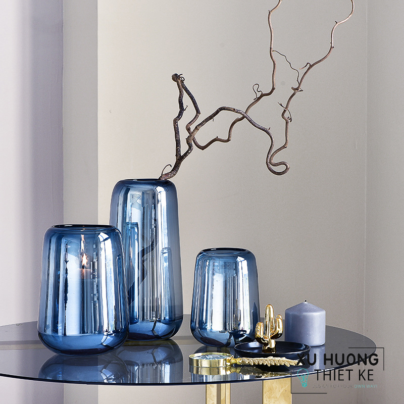 Lọ thủy tinh cắm hoa tròn bầu xanh dương
