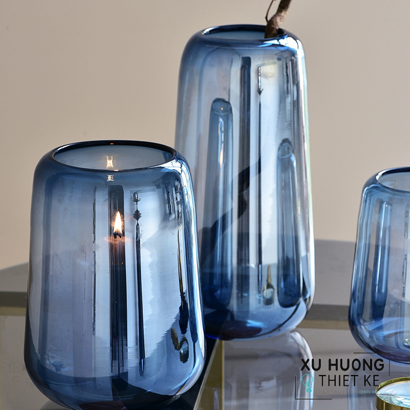 Lọ thủy tinh cắm hoa tròn bầu xanh dương