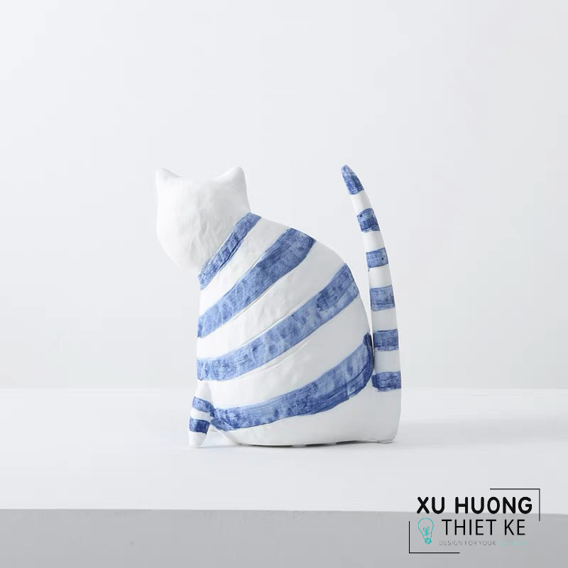 Tượng trang trí mèo trắng sọc xanh Michella