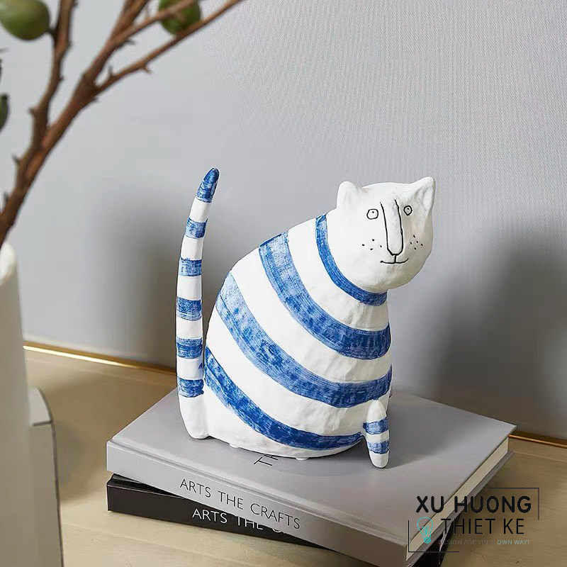 Tượng trang trí mèo trắng sọc xanh Michella