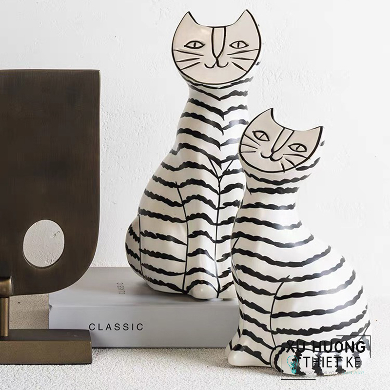 Tượng trang trí độc đáo mèo trắng sọc đen Adalicia