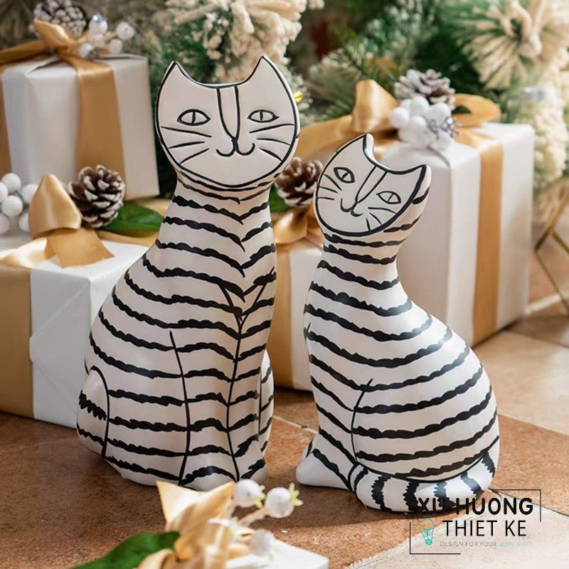 Tượng trang trí độc đáo mèo trắng sọc đen Adalicia