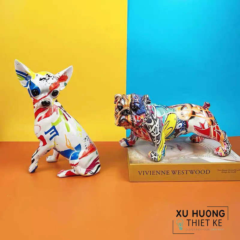 Tượng trang trí chó Chiahuahua và Pug ngũ sắc