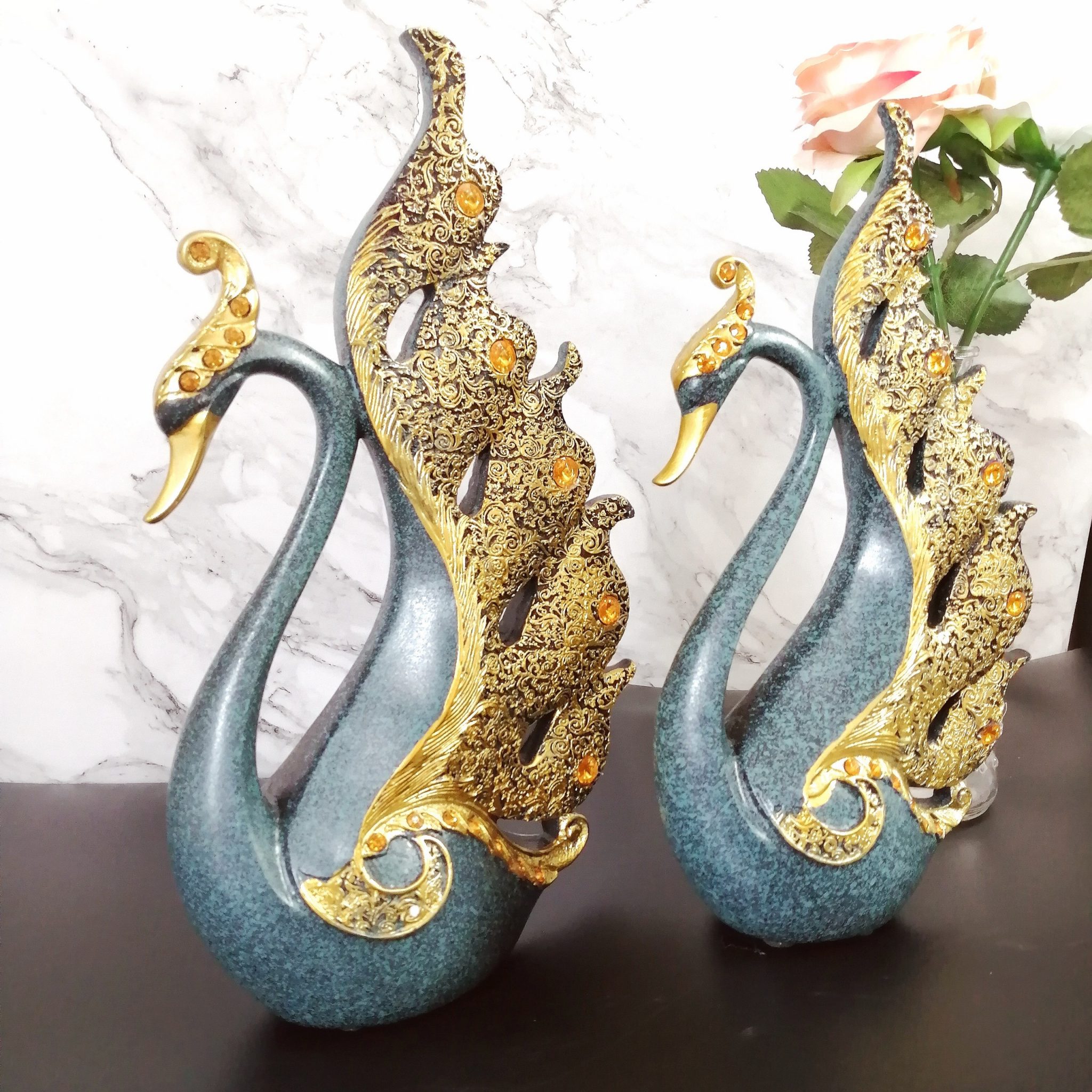 Decor tượng trang trí cặp thiên nga Blue Loop men xanh cổ điển