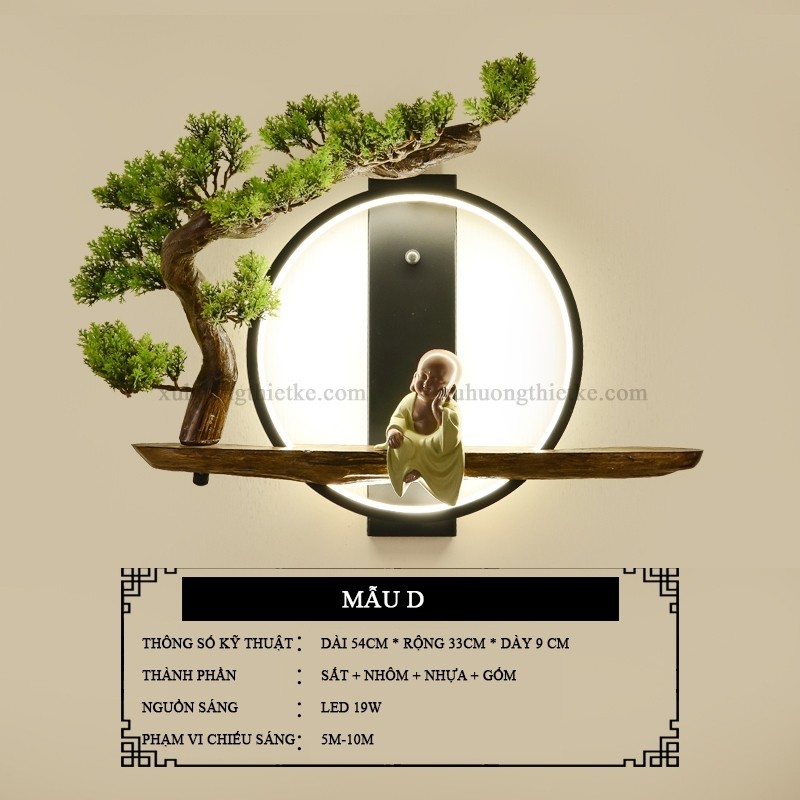 Đèn treo tường tiểu cảnh chú tiểu bên gốc bồ đề