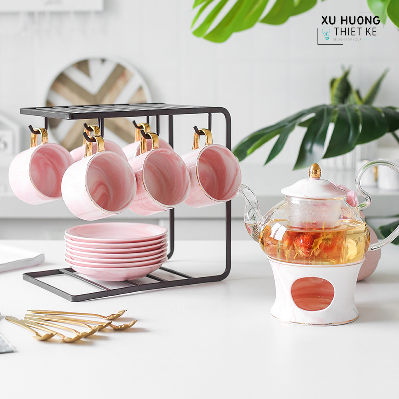 Bộ ấm trà chiều phong cách châu Âu cao cấp Pinky Marbel (20 món)
