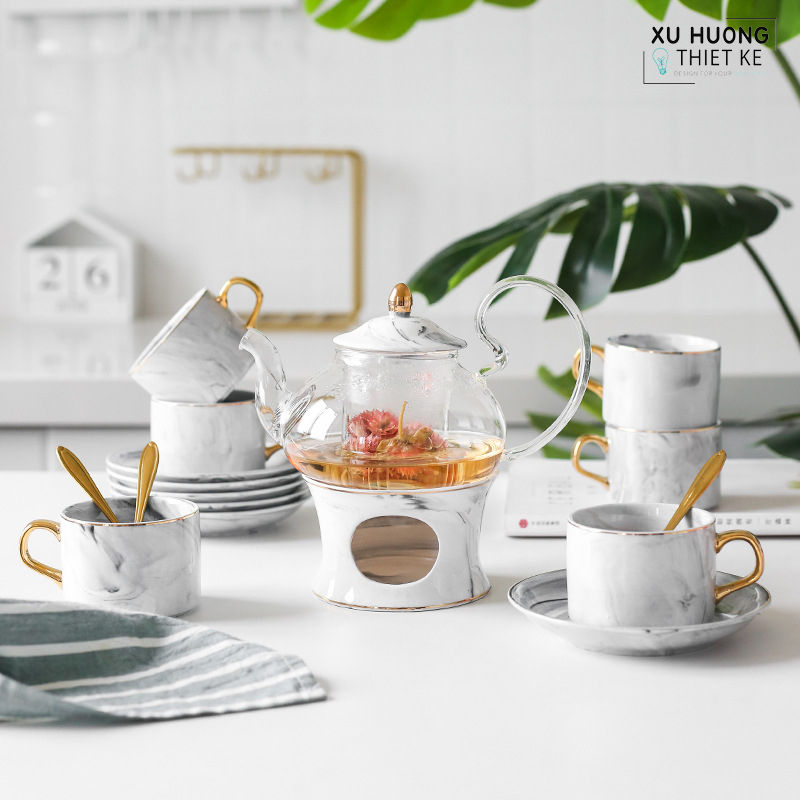 Bộ ấm trà chiều phong cách châu Âu cao cấp Pinky Marbel (20 món)