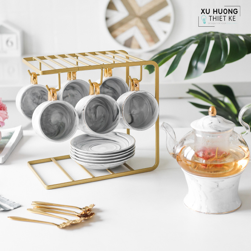 Bộ ấm trà chiều phong cách châu Âu cao cấp Pinky Marbel (20 món)