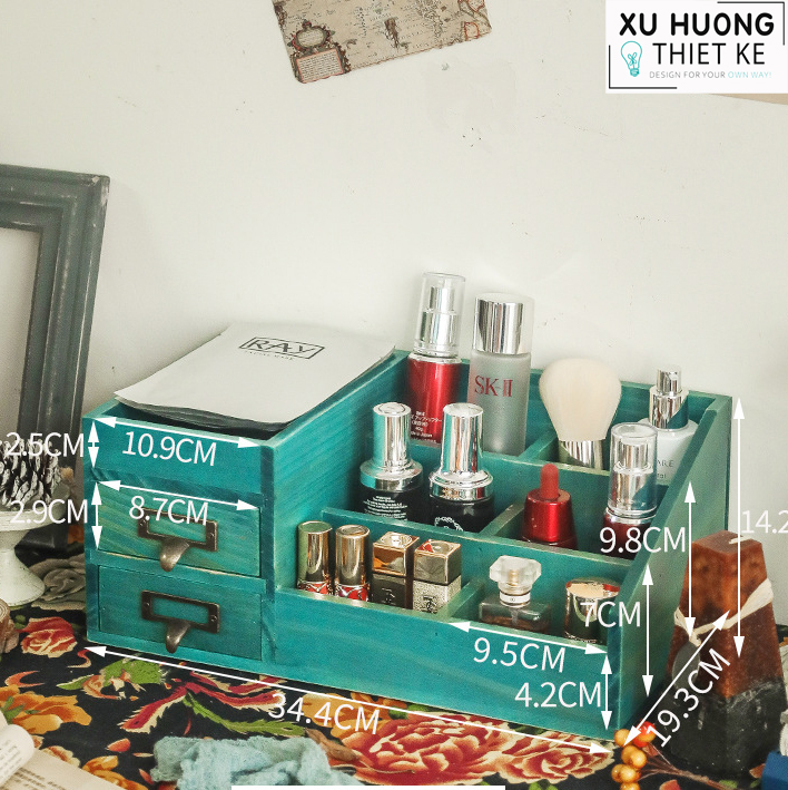 Hộp gỗ Vintage đựng đồ (Xanh gỗ)